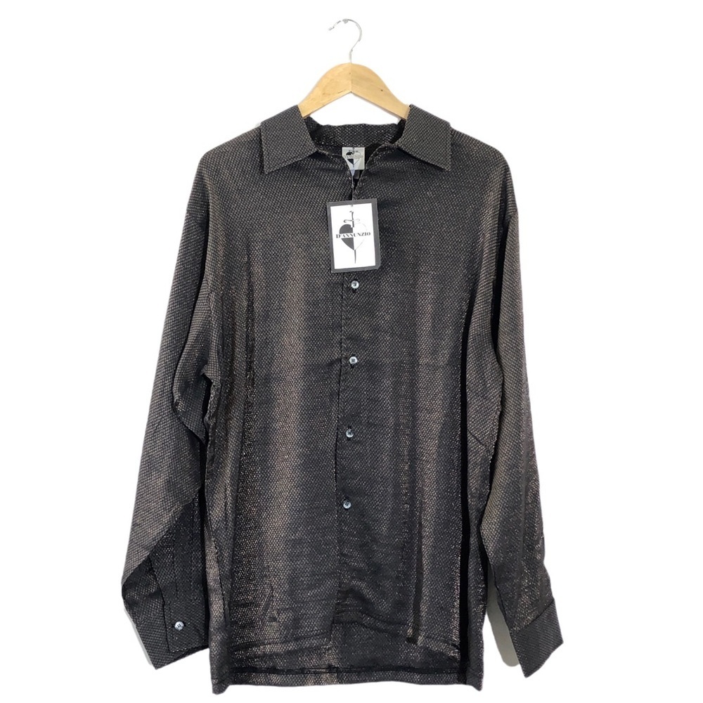 D'Annunzio Metallic Gold Black Checkered Vintage Dress Shirt L